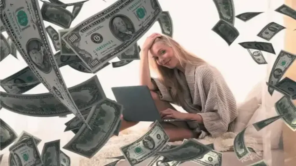 Blonde-lady-smiling-with-money-flying-everywhere