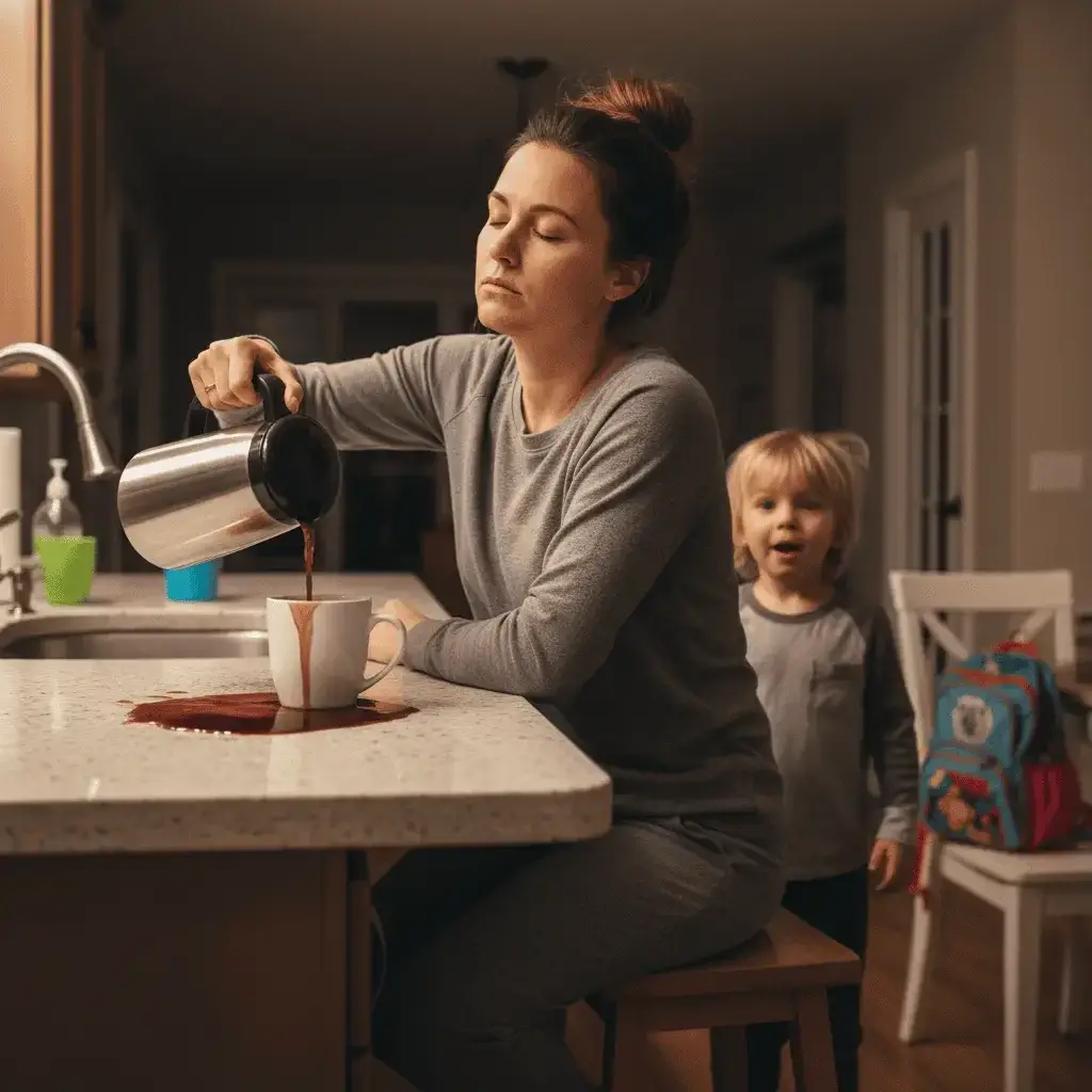 tired lady overpouring her cup of coffee